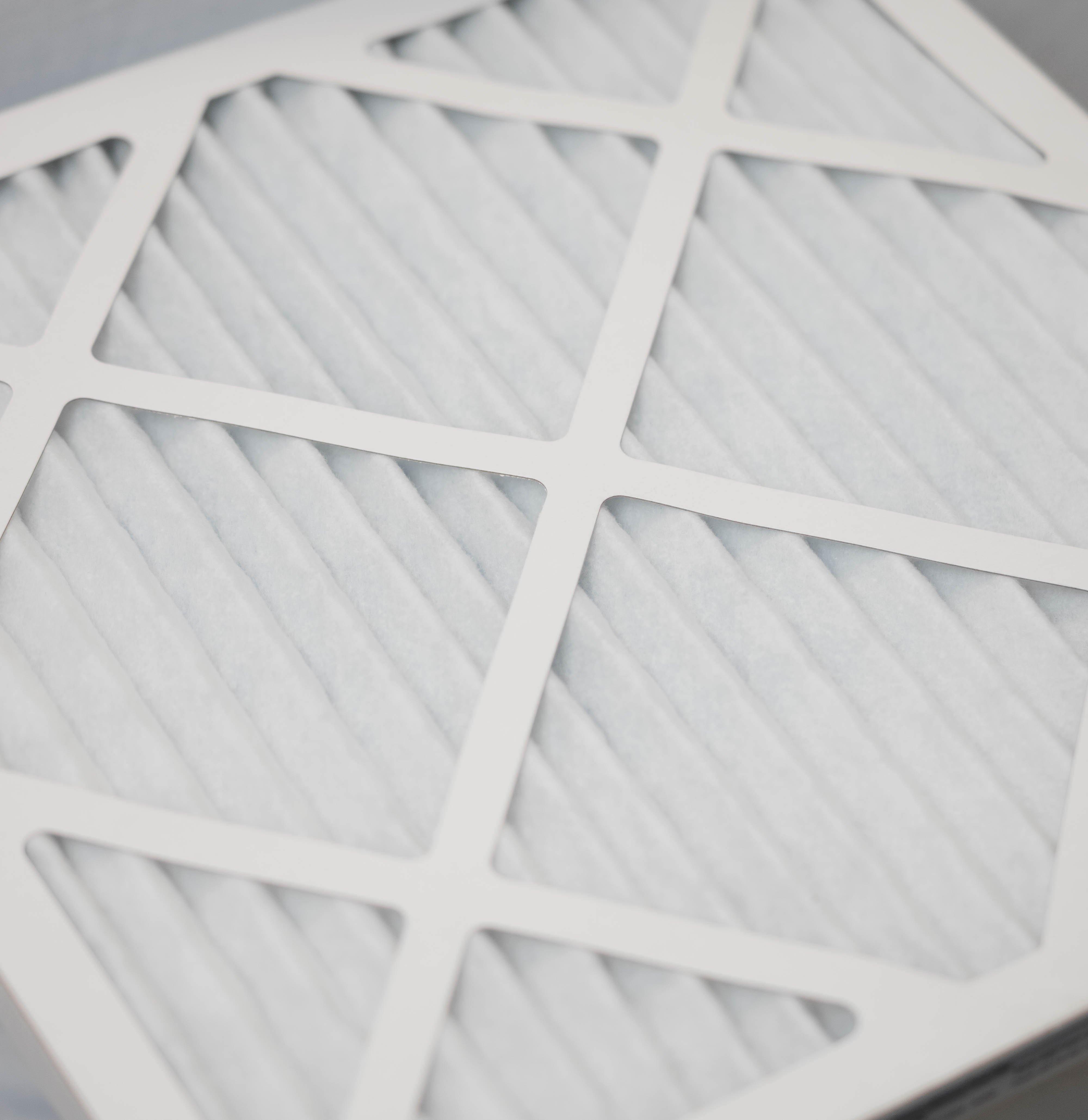 Close-up of Thorair air filter with white pleated material and sturdy plastic frame Close-up of Thorair air filter with white pleated material and sturdy plastic frame